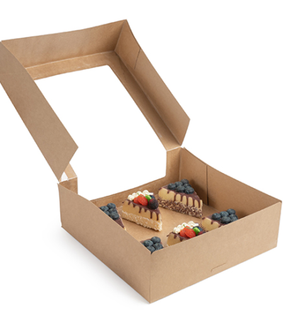 Product foto van Bakjes voor gebakjes met deksel hoekig 10x30x30 cm PLA venster set van 25