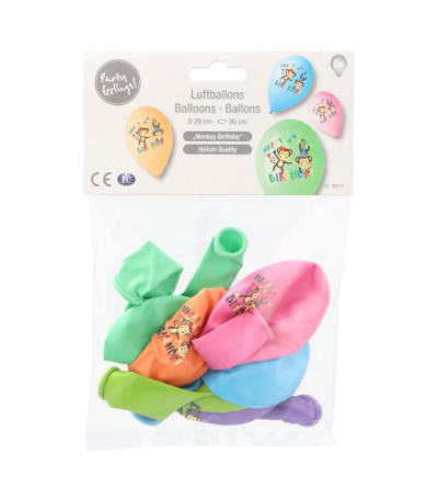 Product foto van Ballonnen assorti kleuren Monkey Birthday set van 6