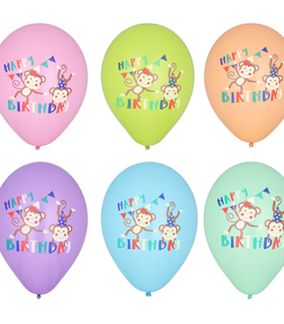 Product foto van Ballonnen assorti kleuren Monkey Birthday set van 6