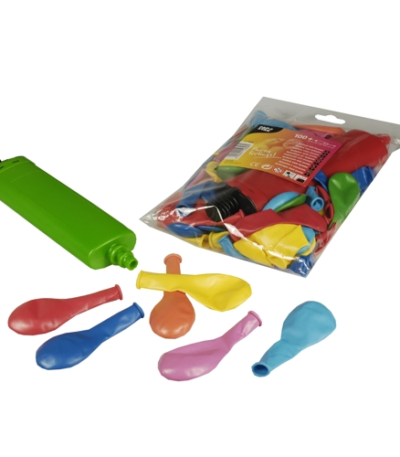 Product foto van Ballonnen met pomp assorti kleuren set van 100