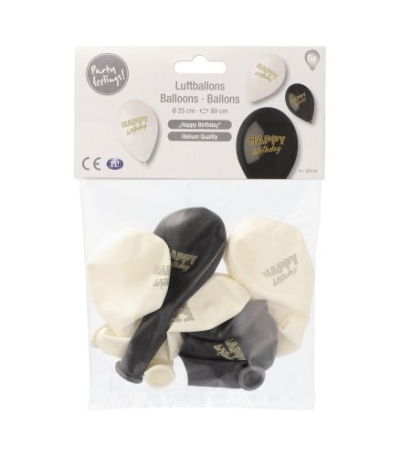 Product foto van Ballonnen zwart/wit Happy Birthday set van 6