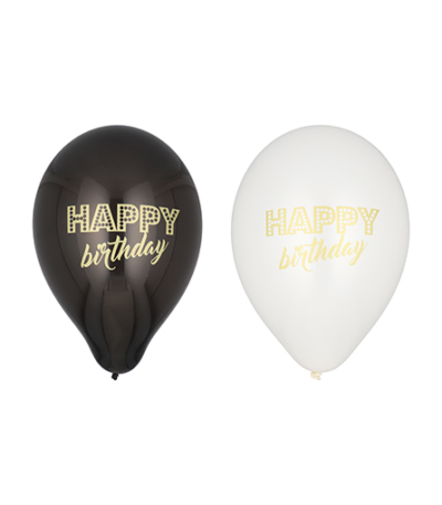 Product foto van Ballonnen zwart/wit Happy Birthday set van 6