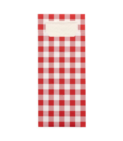 Product foto van Bestekzakjes rood Vichy Karo set van 520 met servet