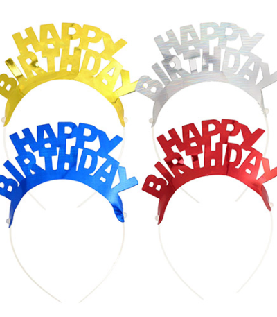 Product foto van Diademen assorti kleuren Happy Birthday Metallic set van 4