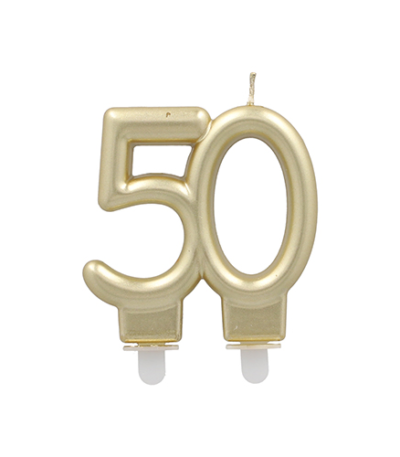 Product foto van Gouden jubileumkaarsen met houder 7cm set van 50