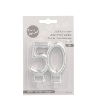 Product foto van Kaarsen met houder zilver "50" jubileum set