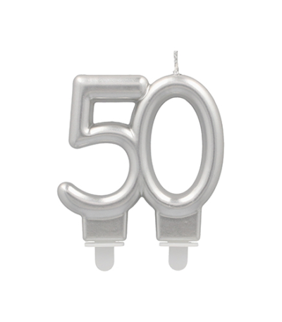 Product foto van Kaarsen met houder zilver "50" jubileum set