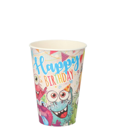 Product foto van Karton drinkbekers assorti kleuren set van 10 200ml Funny Monsters