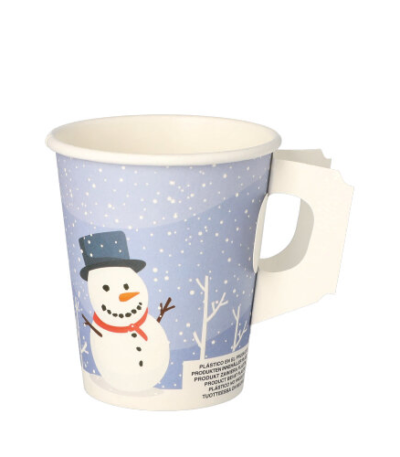 Product foto van Karton drinkbekers met handgreep 200ml wit set van 50 Snowman