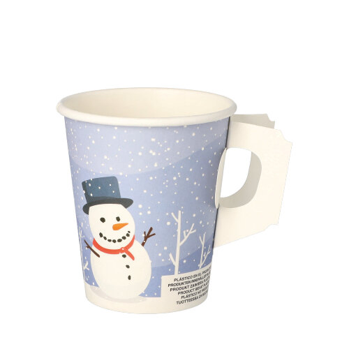 Product foto van Karton drinkbekers met handgreep 200ml wit set van 50 Snowman