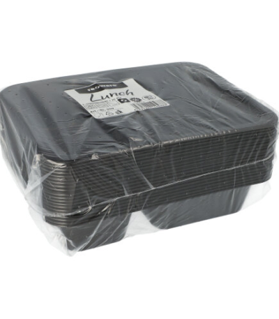 Product foto van Kunststof maaltijdboxen zwart 2-vaks set van 20