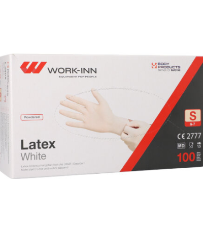 Product foto van Latex handschoenen gepoederd wit Maat S set van 100 WORK-INN