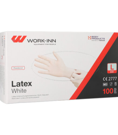 Product foto van Latex handschoenen gepoederd wit/natuur set van 100 Work-Inn L