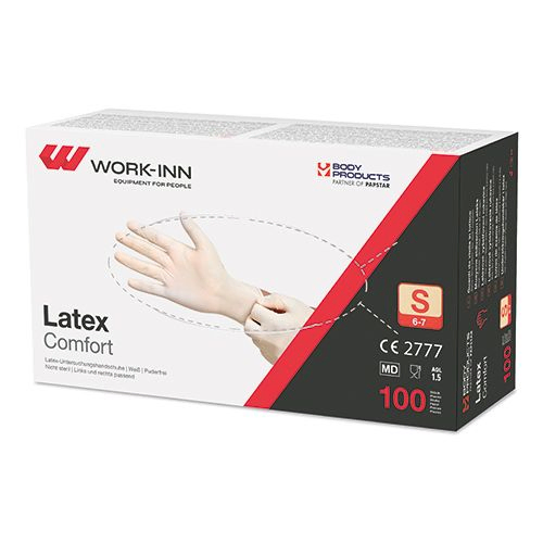 Product foto van Latex handschoenen poedervrij Comfort wit/natuur Maat S set van 100