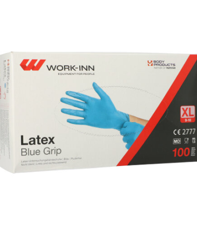 Product foto van Latex handschoenen poedervrij blauw XL set van 100 Work-Inn