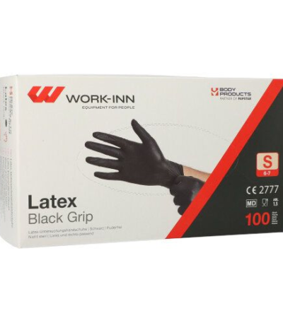 Product foto van Latex handschoenen poedervrij zwart Maat S set van 100 WORK-INN