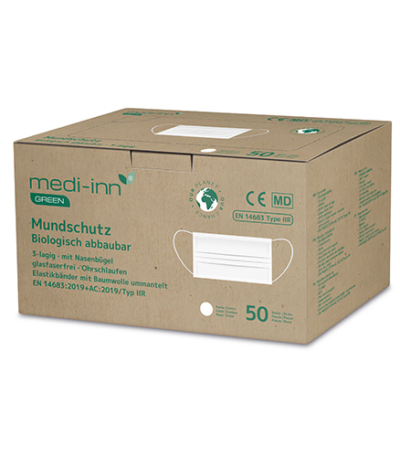 Product foto van Mondkapjes Medi-Inn GREEN Type IIR wit set van 50 biologisch afbreekbaar