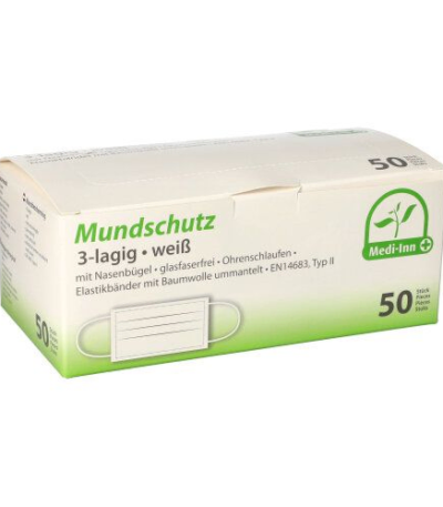 Product foto van Mondkapjes type II 3-laags wit met neusbeugel set van 50 Medi-Inn