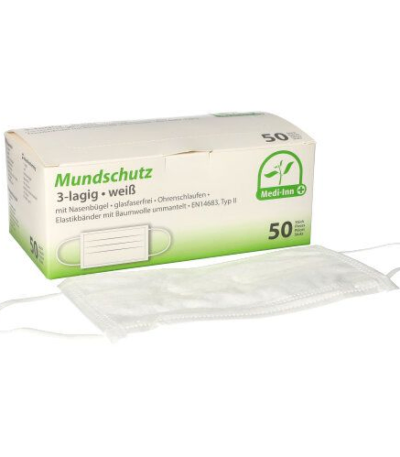Product foto van Mondkapjes type II 3-laags wit met neusbeugel set van 50 Medi-Inn