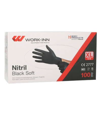 Product foto van Nitril Handschoenen poedervrij zwart Maat XL set van 100 WORK-INN