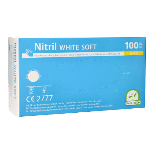 Product foto van Nitril handschoenen poedervrij White Soft wit set van 100 Maat S