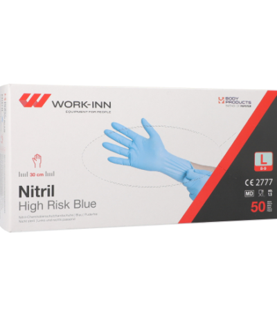 Product foto van Nitril handschoenen poedervrij blauw L WORK-INN High Risk set van 50