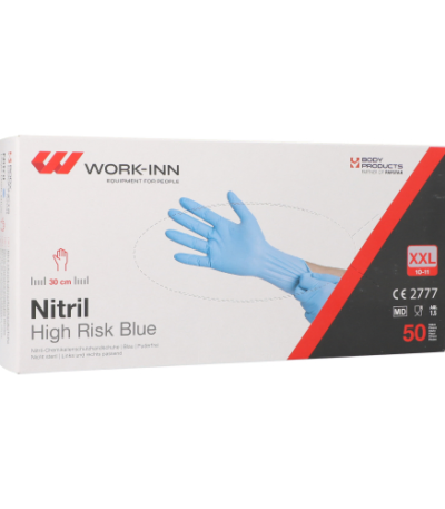 Product foto van Nitril handschoenen poedervrij blauw XXL WORK-INN High Risk set van 50