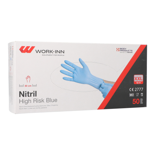 Product foto van Nitril handschoenen poedervrij blauw XXL WORK-INN High Risk set van 50