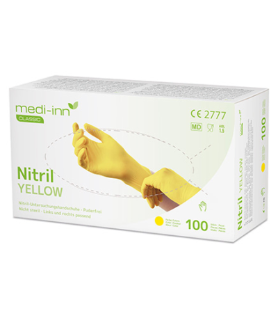 Product foto van Nitril handschoenen poedervrij geel Maat XL set van 100 Medi-Inn Classic