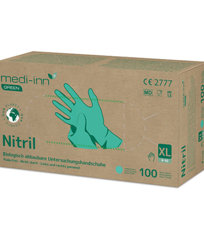 Product foto van Nitril handschoenen poedervrij groen XL biologisch afbreekbaar set van 100 Medi-Inn