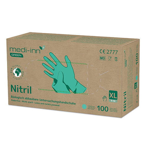 Product foto van Nitril handschoenen poedervrij groen XL biologisch afbreekbaar set van 100 Medi-Inn
