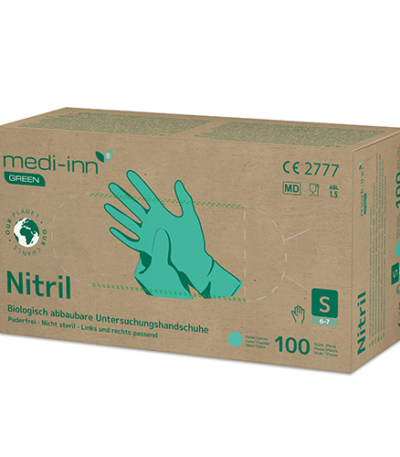 Product foto van Nitril handschoenen poedervrij groen maat S biologisch afbreekbaar set van 100 Medi-Inn