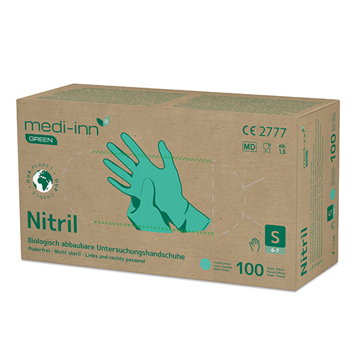 Product foto van Nitril handschoenen poedervrij groen maat S biologisch afbreekbaar set van 100 Medi-Inn
