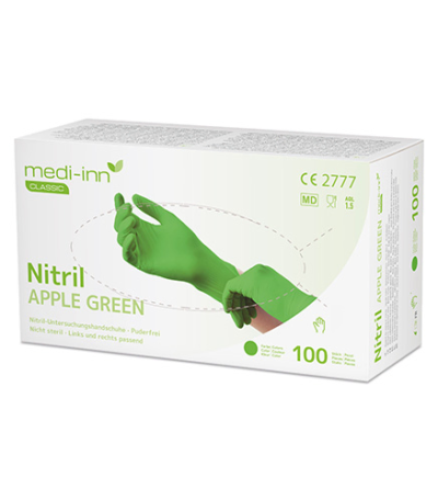 Product foto van Nitril handschoenen poedervrij lime Maat XL set van 100 Medi-Inn