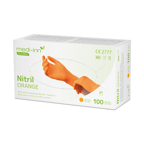 Product foto van Nitril handschoenen poedervrij oranje set van 100 Medi-Inn Classic L