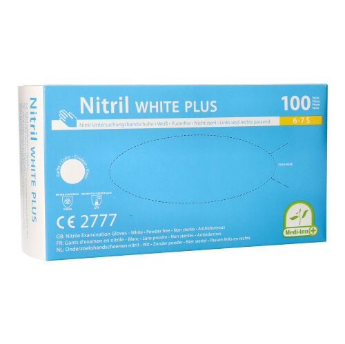 Product foto van Nitril handschoenen poedervrij wit Maat S set van 100 Medi-Inn