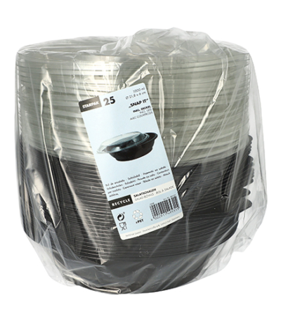 Product foto van PET saladeschalen zwart met deksels set van 25 1000ml Snap It