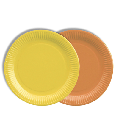 Product foto van Papieren borden karton rond assorti geel/oranje set van 12