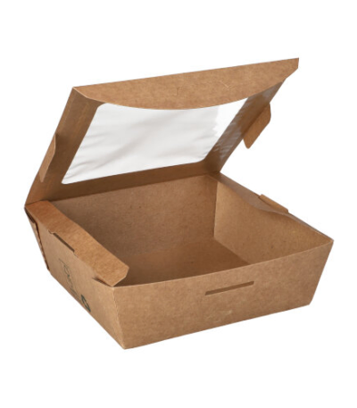 Product foto van Papieren delicatessenverpakkingen hoekig bruin 650ml set van 40 "100% Fair"