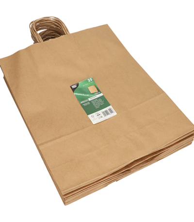 Product foto van Papieren draagtassen bruin met gedraaid handvat set van 25