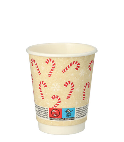 Product foto van Papieren drinkbekers karton Candy Canes dubbelwandig set van 25 200ml