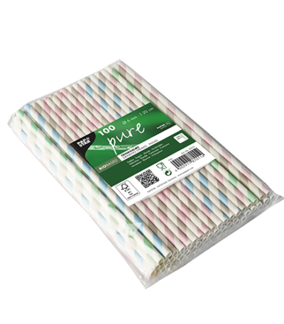 Product foto van Papieren rietjes assorti kleuren Stripes set van 100