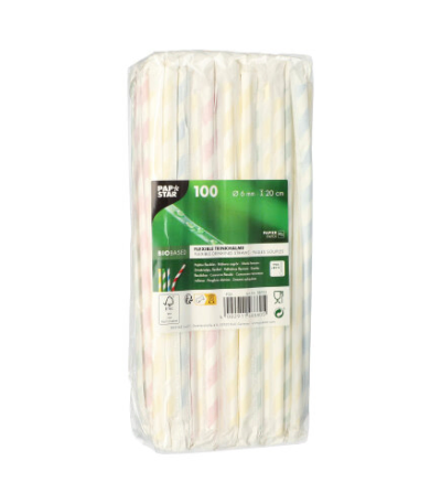 Product foto van Papieren rietjes flexibel assorti kleuren 20cm set van 100 Stripes