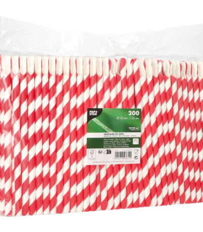 Product foto van Papieren rietjes met lepel rood/wit Stripes set van 200
