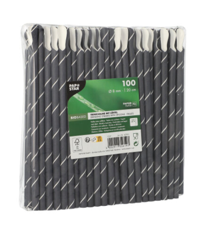 Product foto van Papieren rietjes met lepel zwart/wit Stripes set van 100