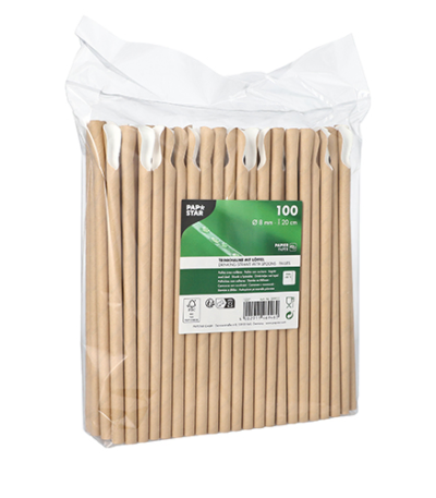 Product foto van Papieren rietjes met lepels bruin set van 100