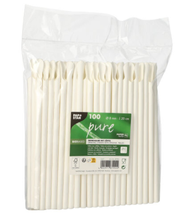 Product foto van Papieren rietjes met lepels wit set van 100