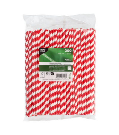 Product foto van Papieren rietjes rood/wit Stripes flexibel set van 200