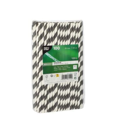 Product foto van Papieren rietjes zwart/wit Stripes set van 100