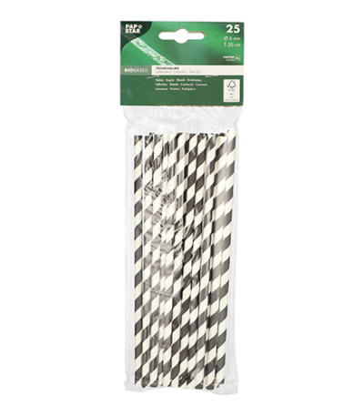 Product foto van Papieren rietjes zwart/wit Stripes set van 25
